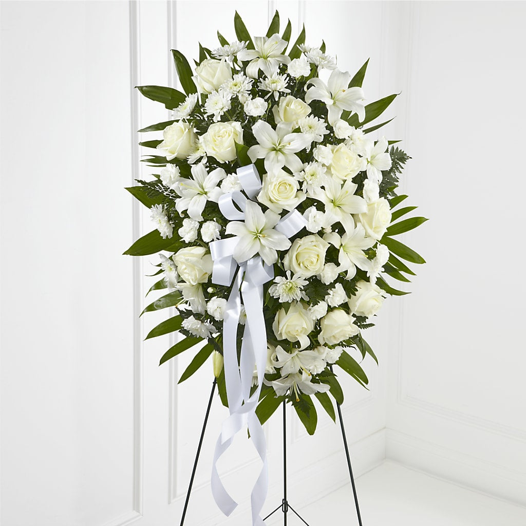 Exquisite Tribute Standing Spray-White Ribbon – MRS D'S FLOWER SHOP INC, Lakeland FL