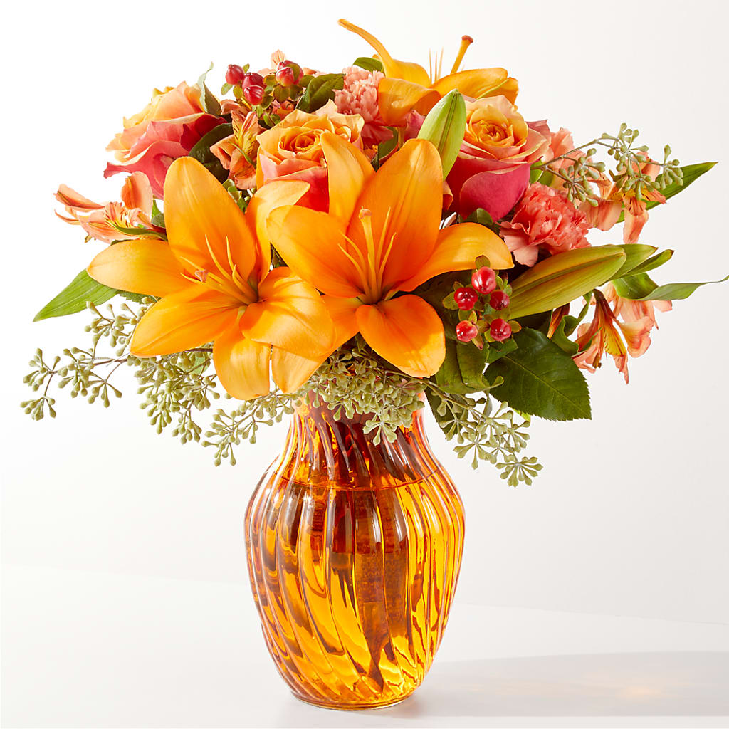 orange lily flower delivery Afternoon Light Bouquet – orange, peach, red flower arrangement | Lakeland, FL